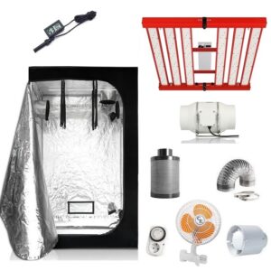 Kit Armario 100x100 LED 320W SMD con panel de luces LED cultivo interior, espectro completo y accesorios de ventilación.