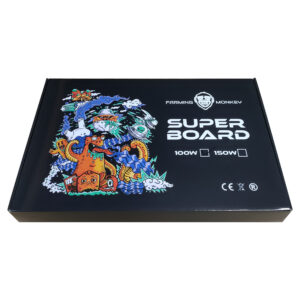 Super Board 100W LED cultivo, caja negra con diseño colorido, ideal para germinación y floración en grow rooms.