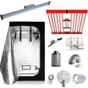 Kit Armario 120x120 LED SMD 320W con barra LED 150W, incluye luces cultivo interior y accesorios para horticultura.