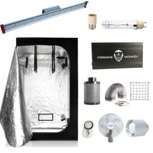 Kit Armario 120x120 LEC 315W con armario reflector, luz LED, ventilador y accesorios para cultivo interior.