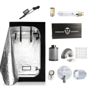 Kit Armario 100x100 LEC 315W con armario de cultivo reflectante, luz LEC, ventilador y sistema completo.